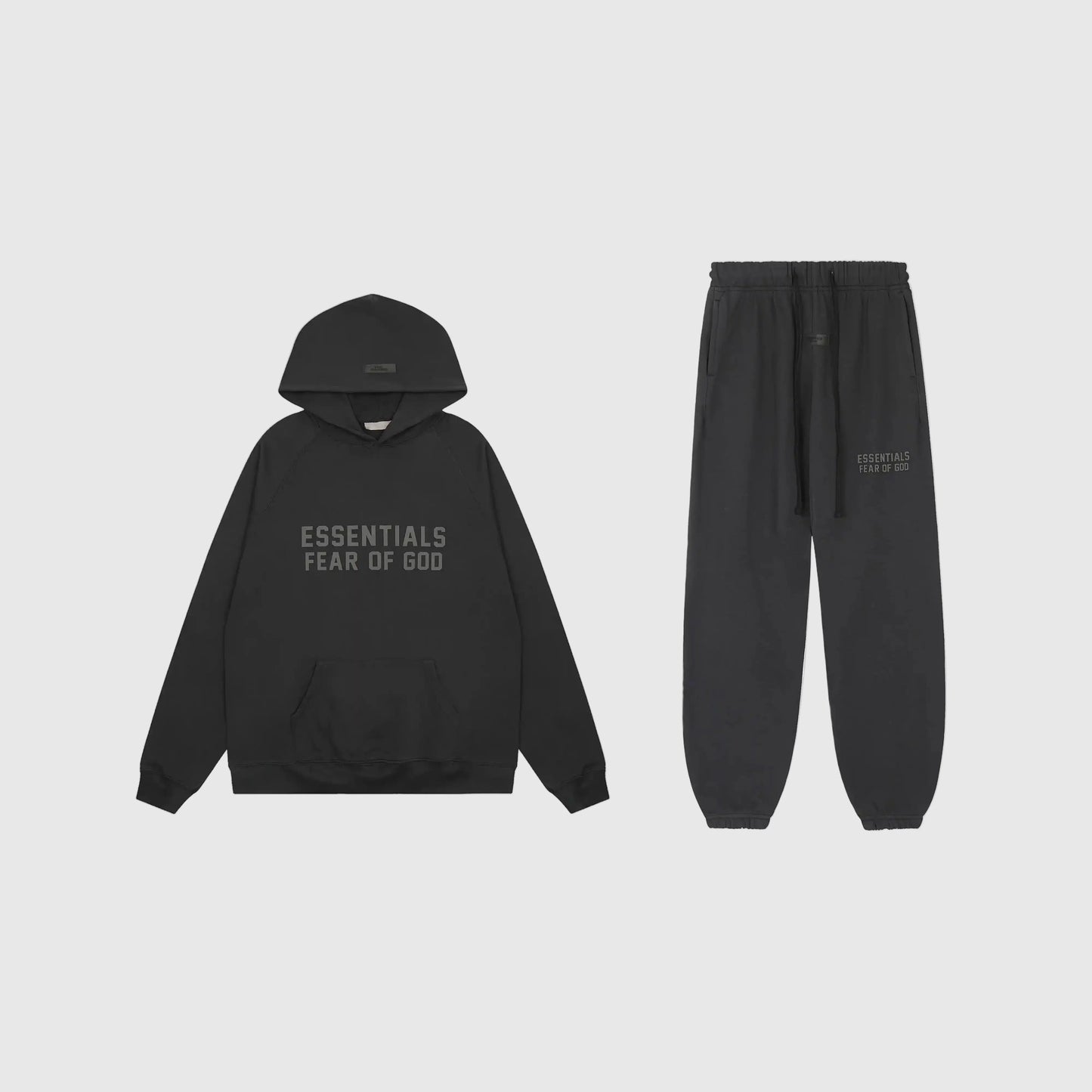 Fear of God Essentials black tracksuit set front view hoodie and joggers