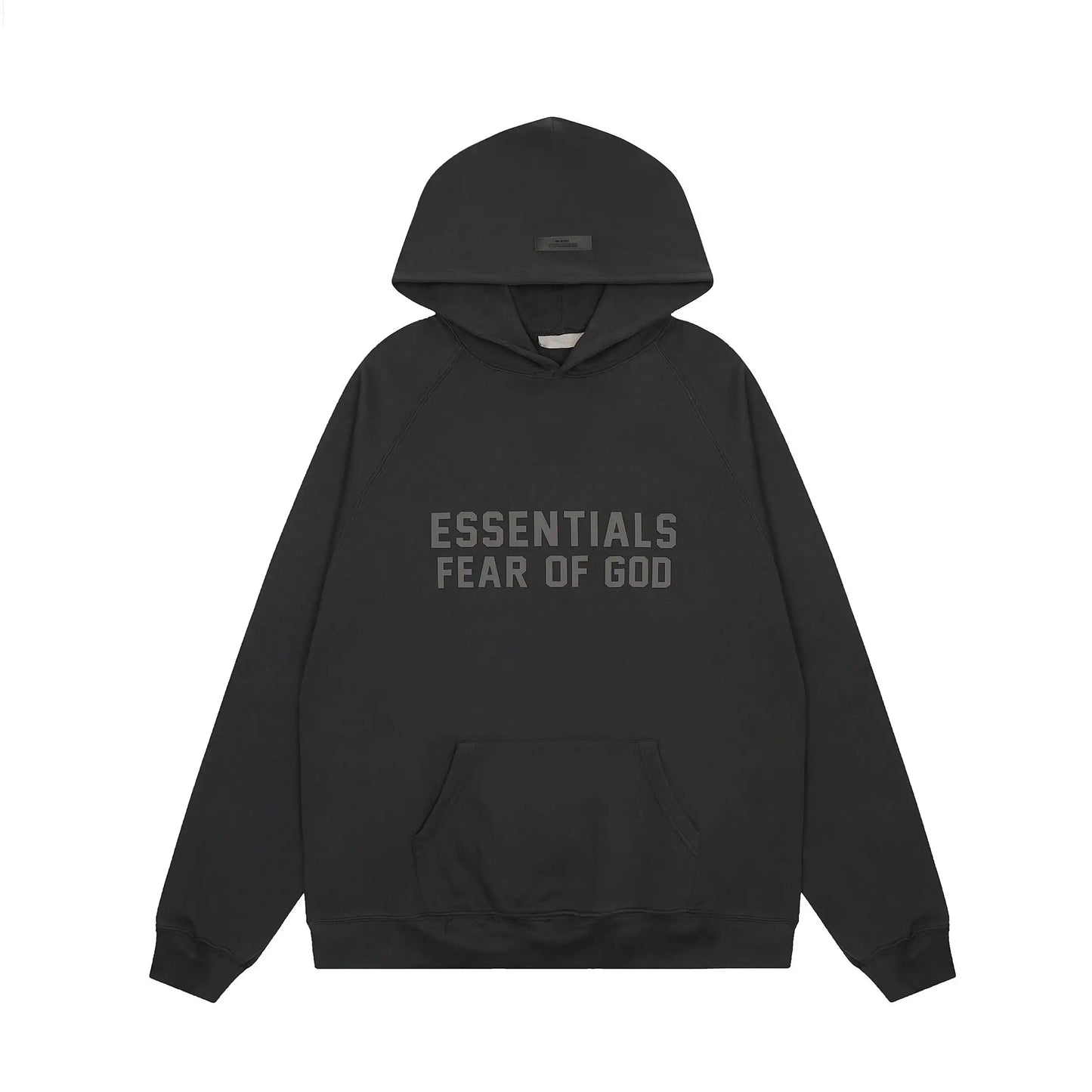 Black Essentials hoodie mock neckline and center front black bar branding detail