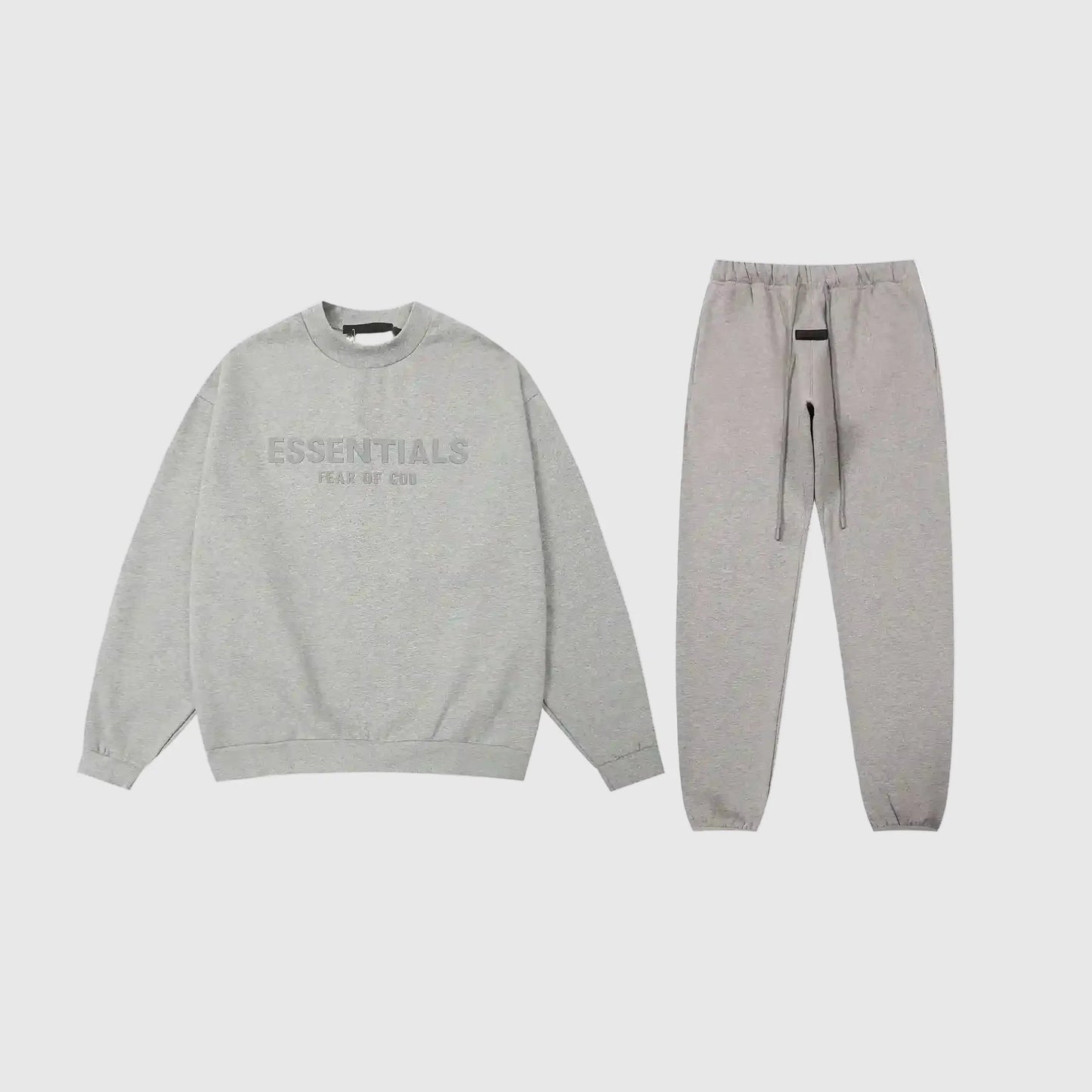 Fear of God Essentials dark heather oatmeal tracksuit front view crewneck and joggers