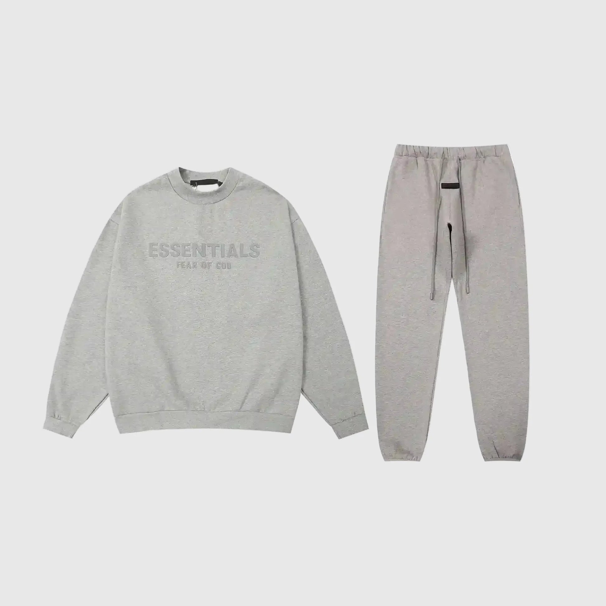 Fear of God Essentials dark heather oatmeal tracksuit front view crewneck and joggers