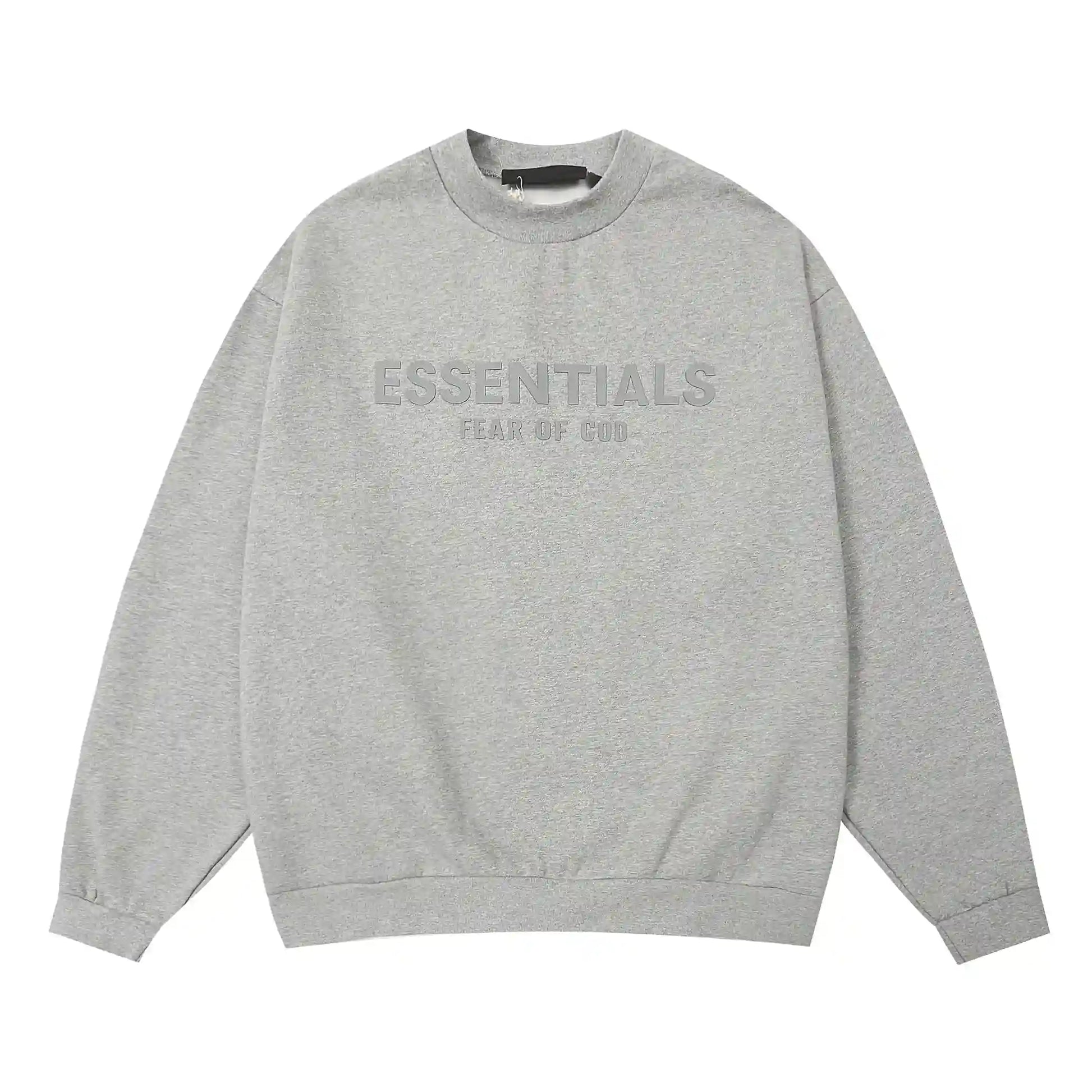 Dark heather oatmeal Essentials crewneck center front rubberized black bar branding detail