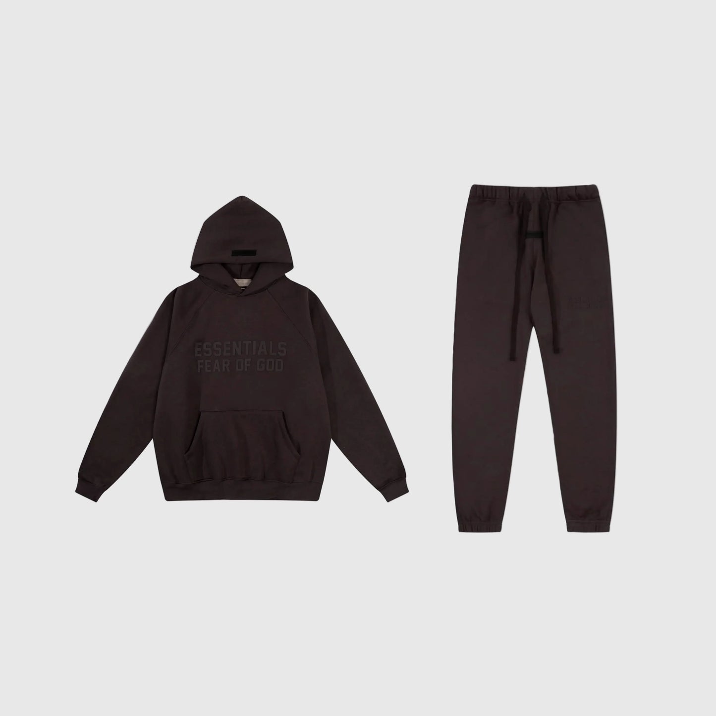 Fear of God Essentials english walnut tracksuit front view hoodie and joggers