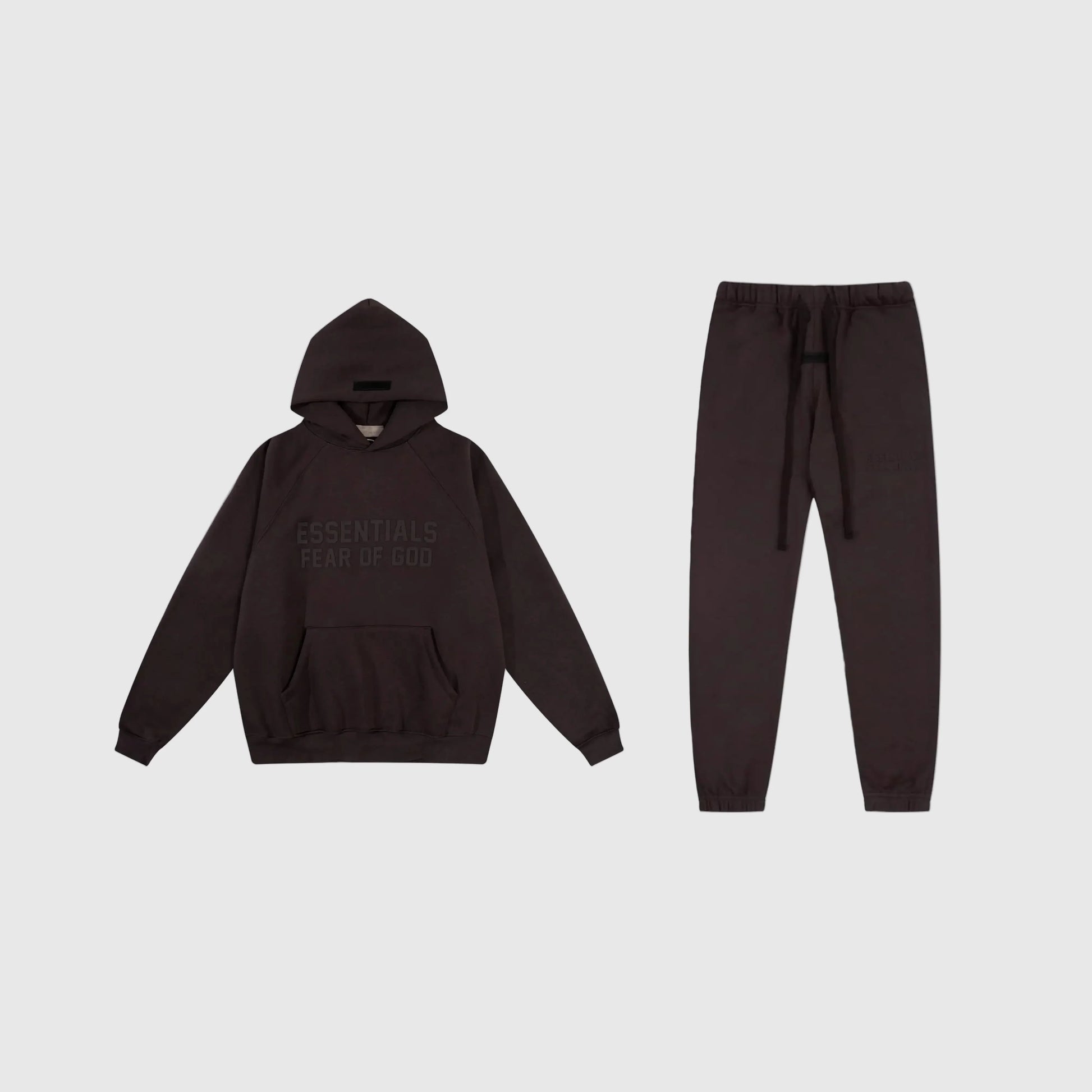 Fear of God Essentials english walnut tracksuit front view hoodie and joggers