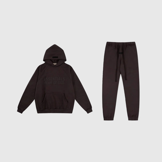 Fear of God Essentials english walnut tracksuit front view hoodie and joggers