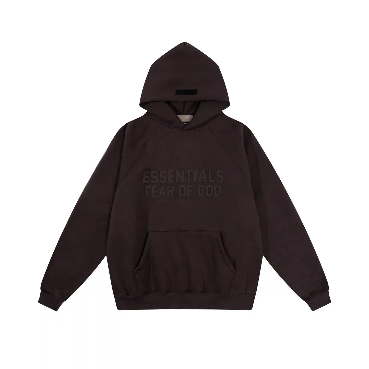 English walnut Essentials hoodie center front rubberized black bar branding detail