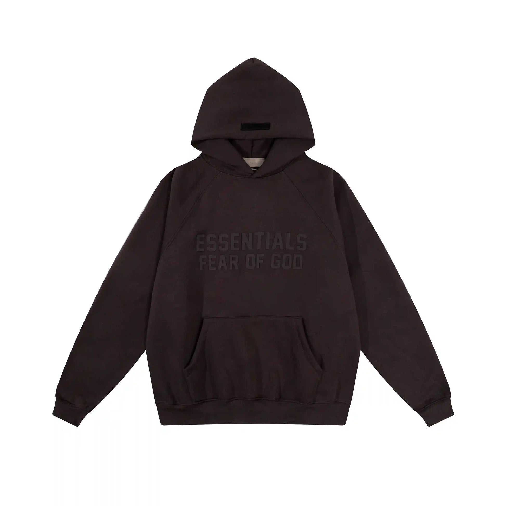 English walnut Essentials hoodie center front rubberized black bar branding detail