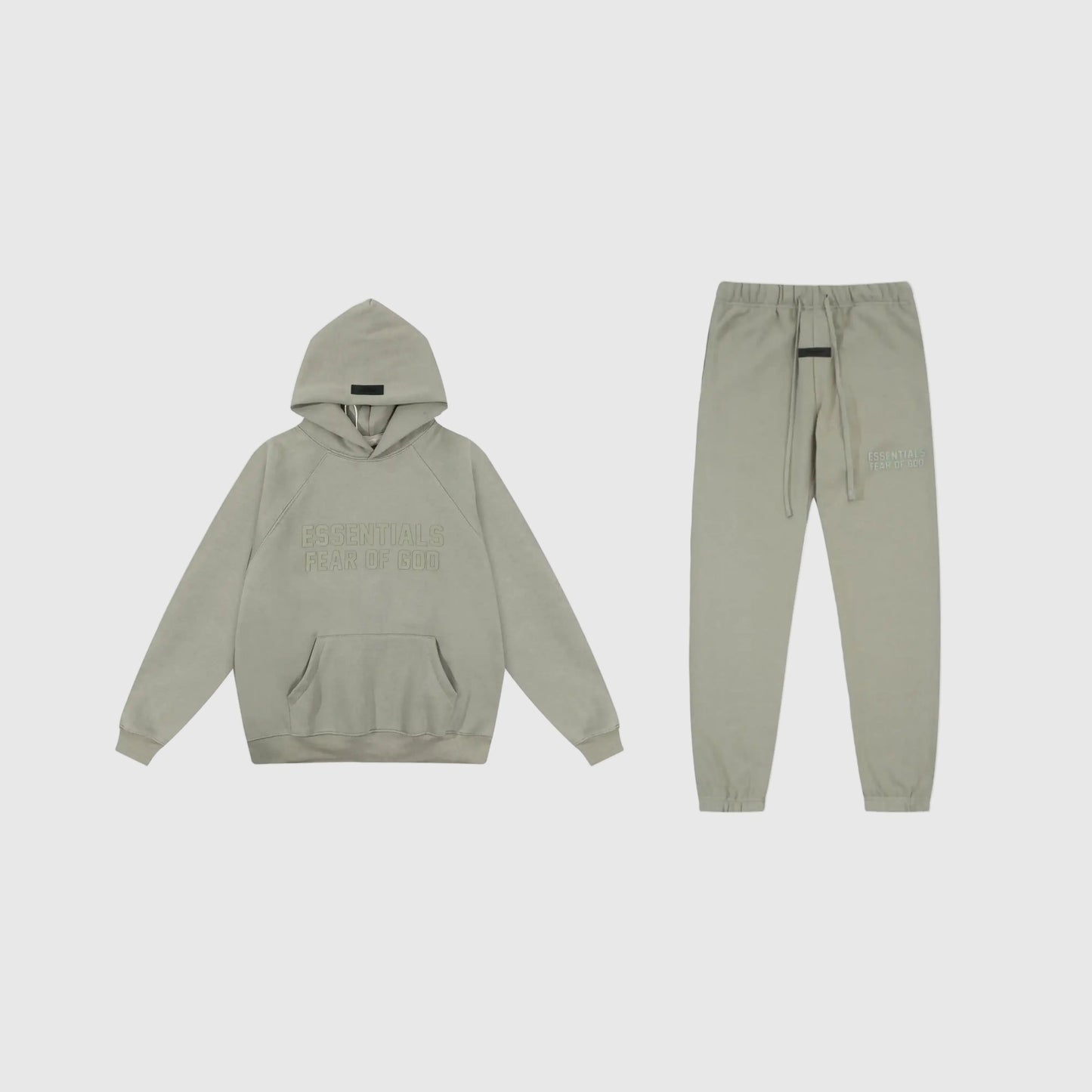 Fear of God Essentials heathered grey tracksuit front view hoodie and joggers