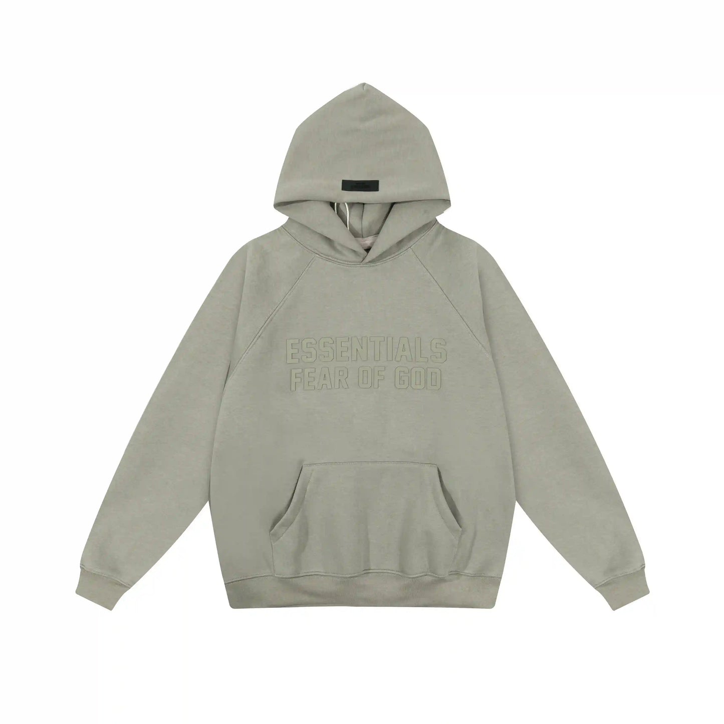Heathered grey Essentials hoodie center front rubberized black bar branding detail