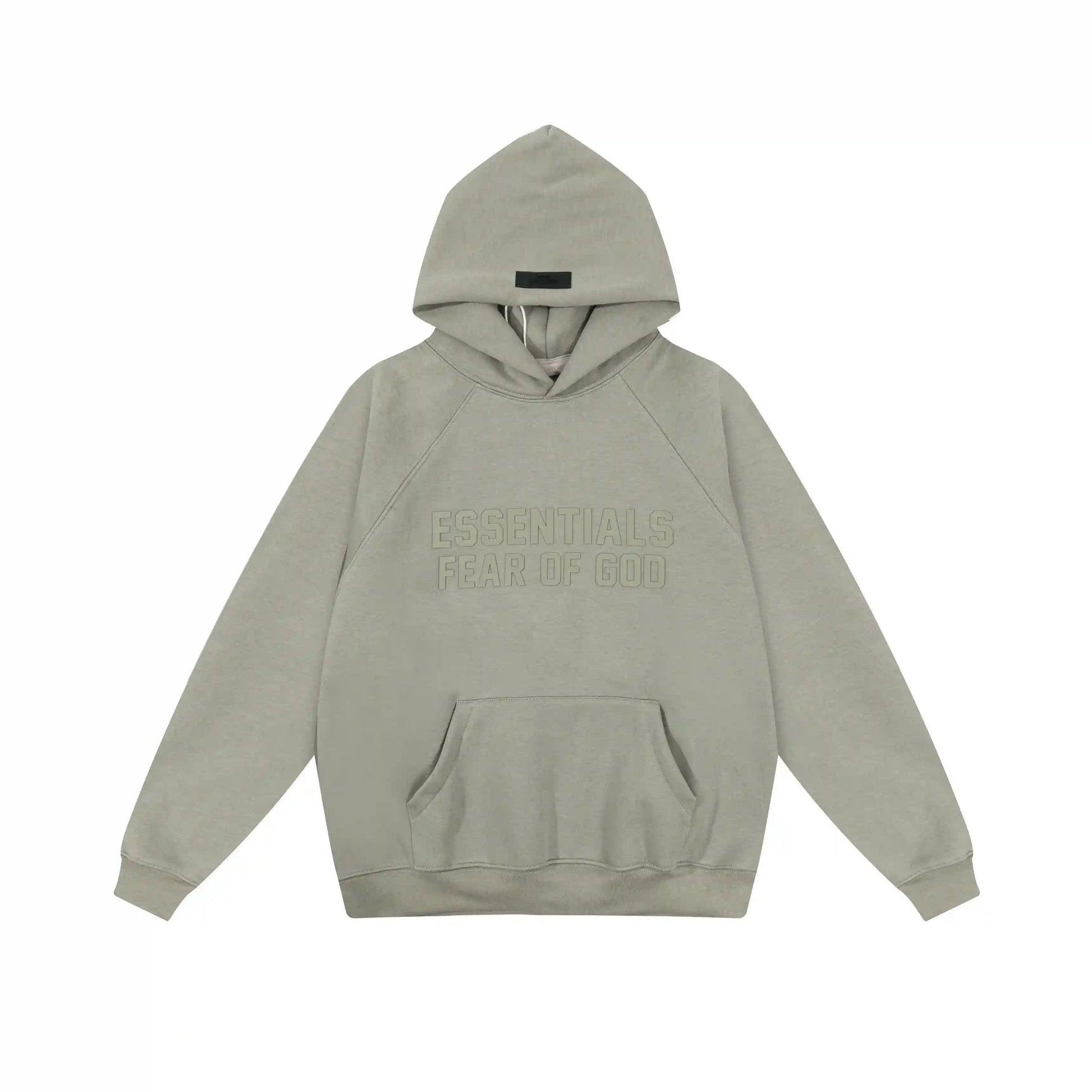Heathered grey Essentials hoodie center front rubberized black bar branding detail