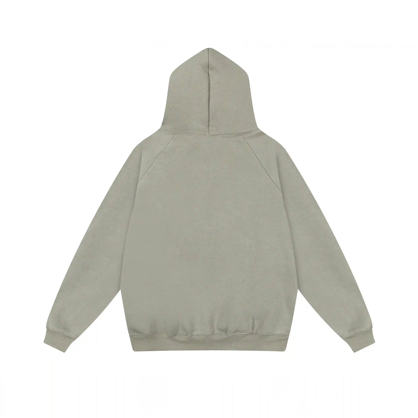 Heathered grey Essentials hood rubberized label detail close-up
