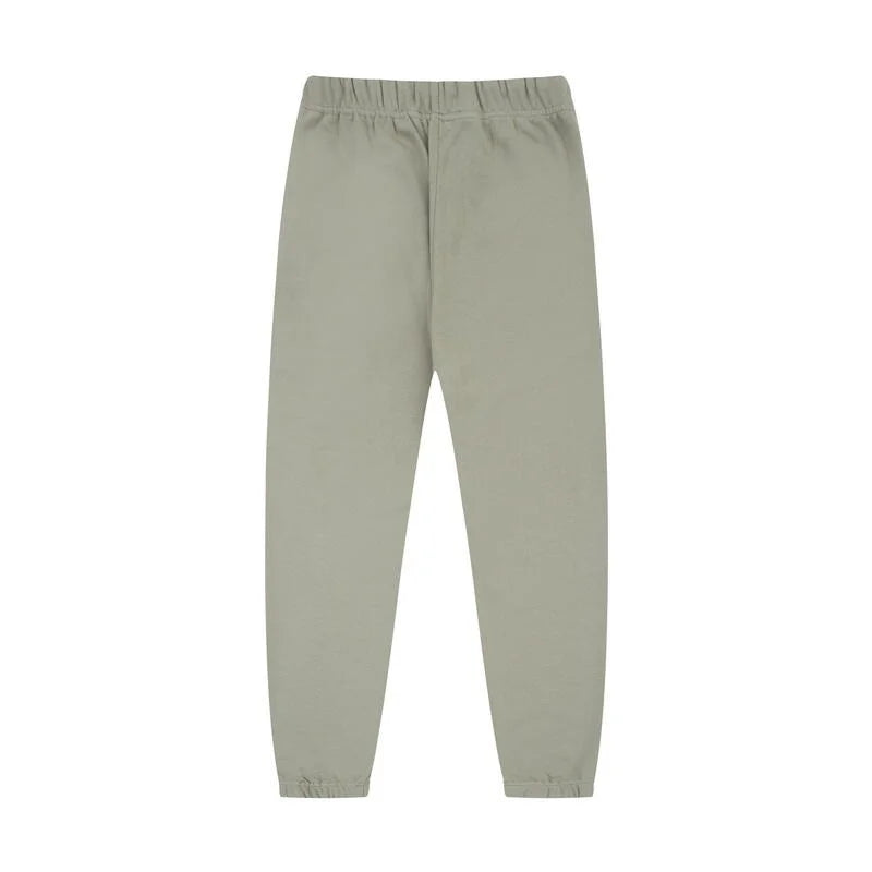 Fear of God Essentials heathered grey tracksuit back view hoodie and joggers