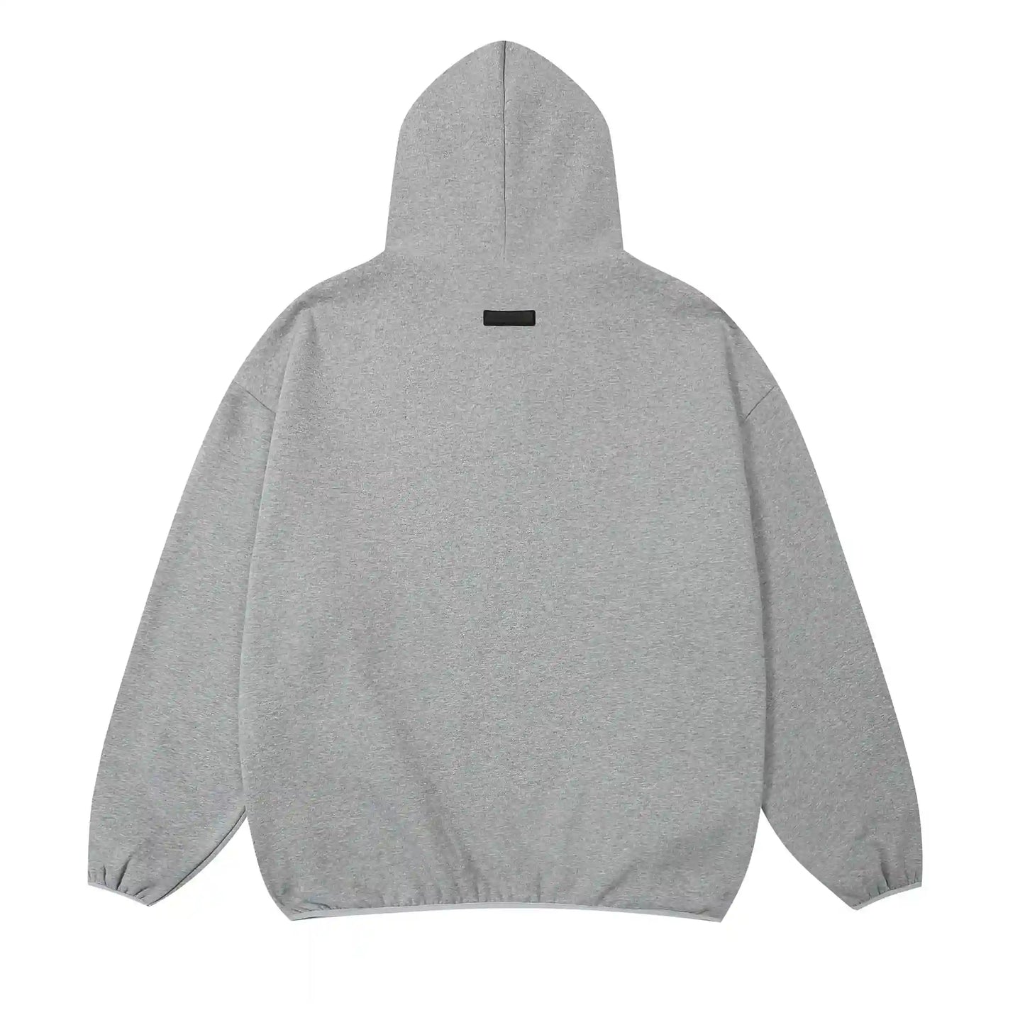 Dark heather oatmeal Essentials hood rubberized label detail close-up