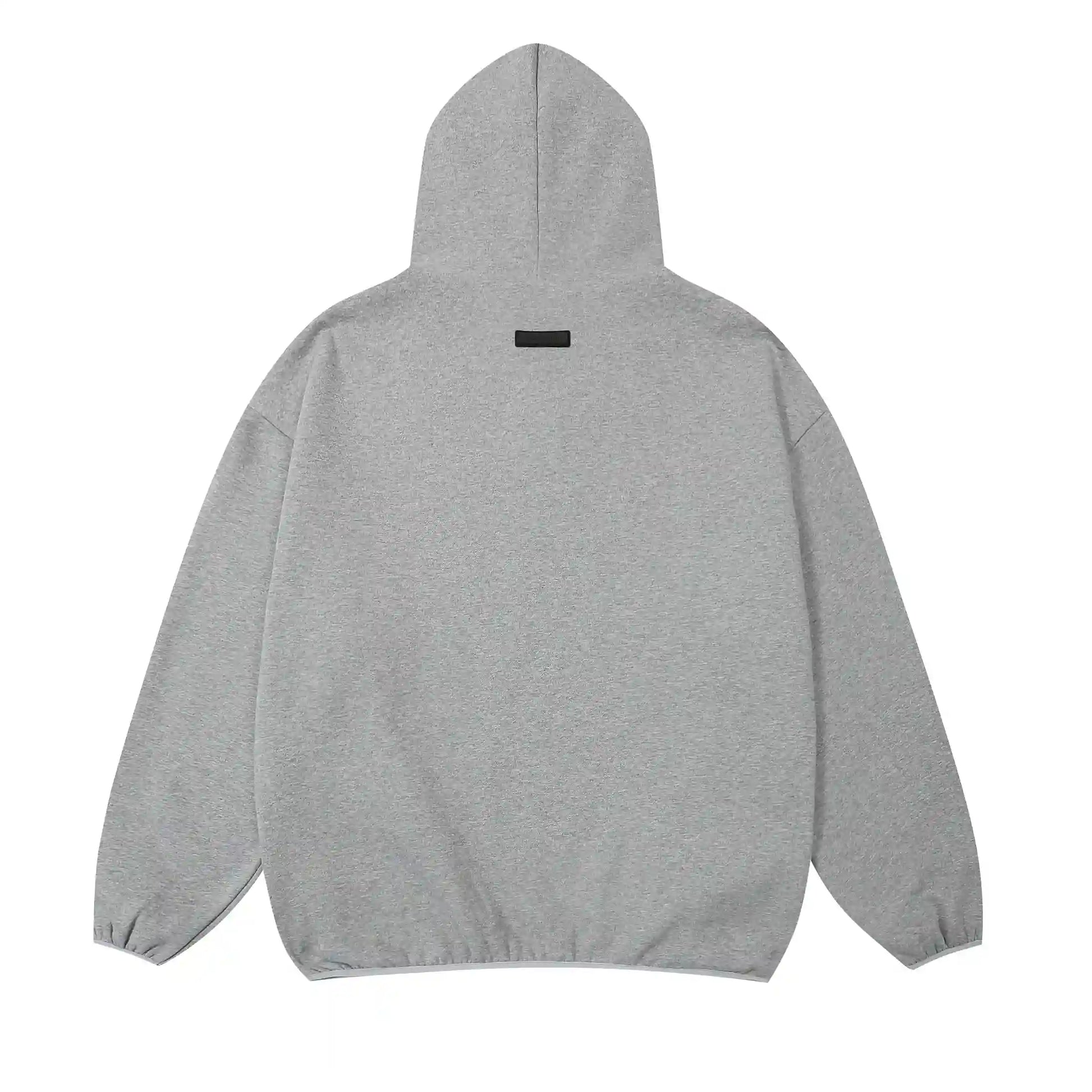 Dark heather oatmeal Essentials hood rubberized label detail close-up