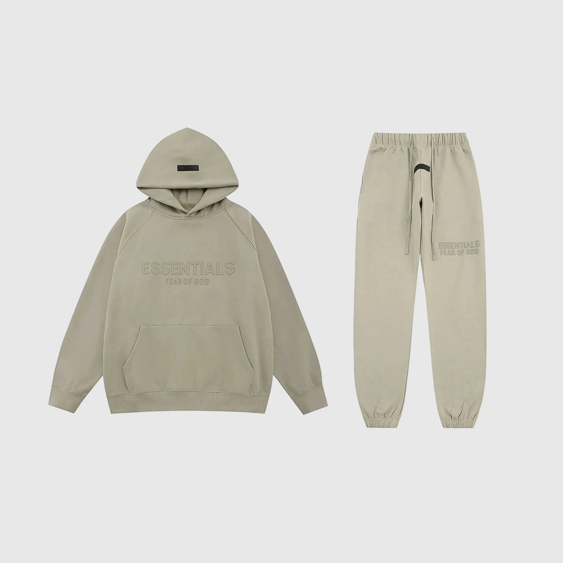 Fear of God Essentials heathered grey tracksuit front view hoodie and joggers