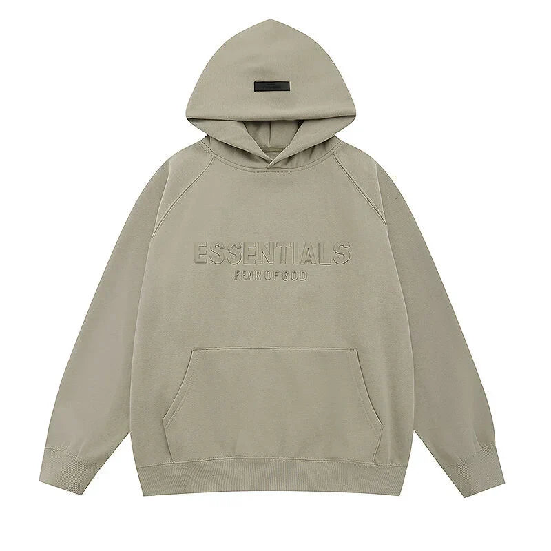 Heathered grey Essentials hoodie center front rubberized black bar branding detail