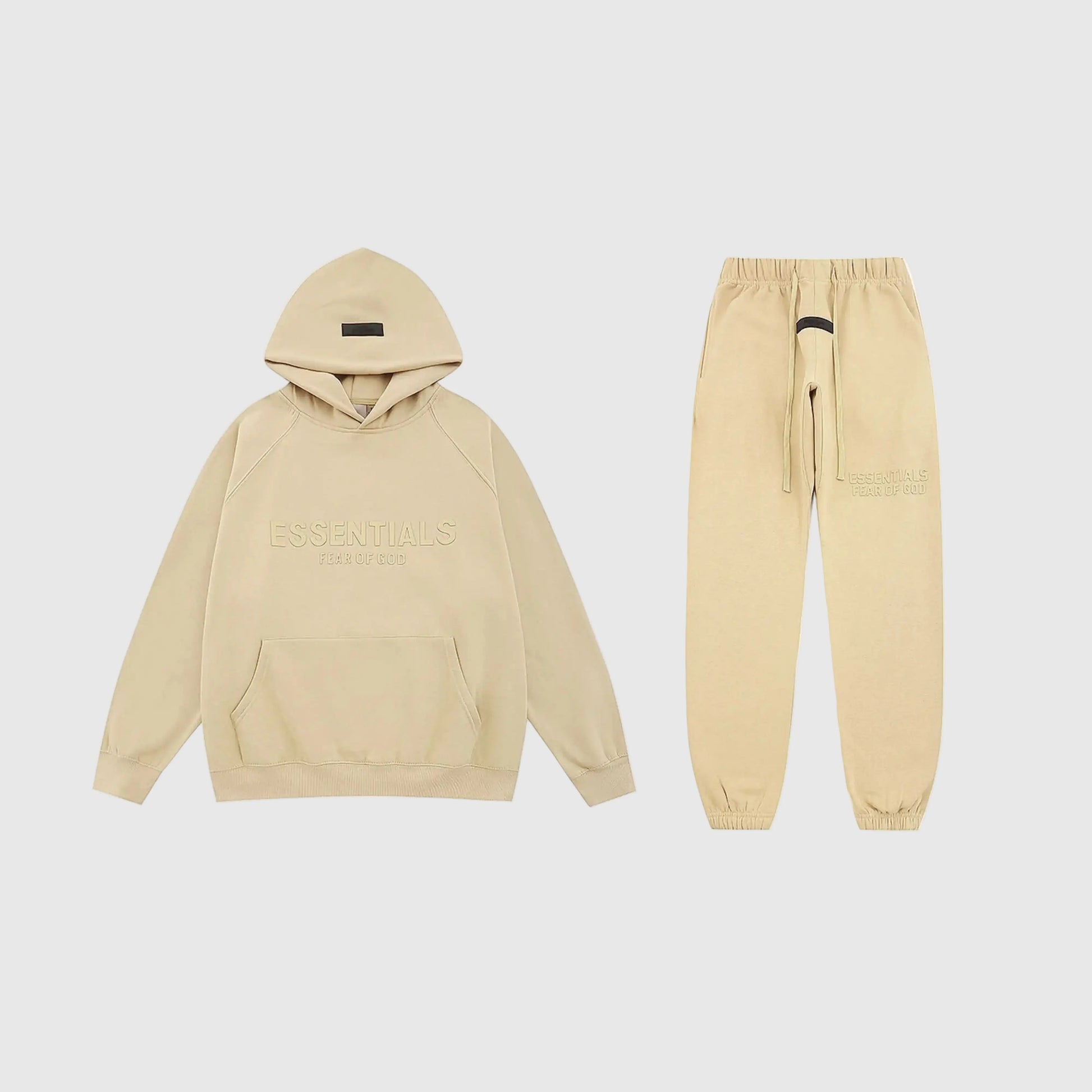 Essentials beige relaxed core fleece tracksuit set with relaxed fit by Fear Of God