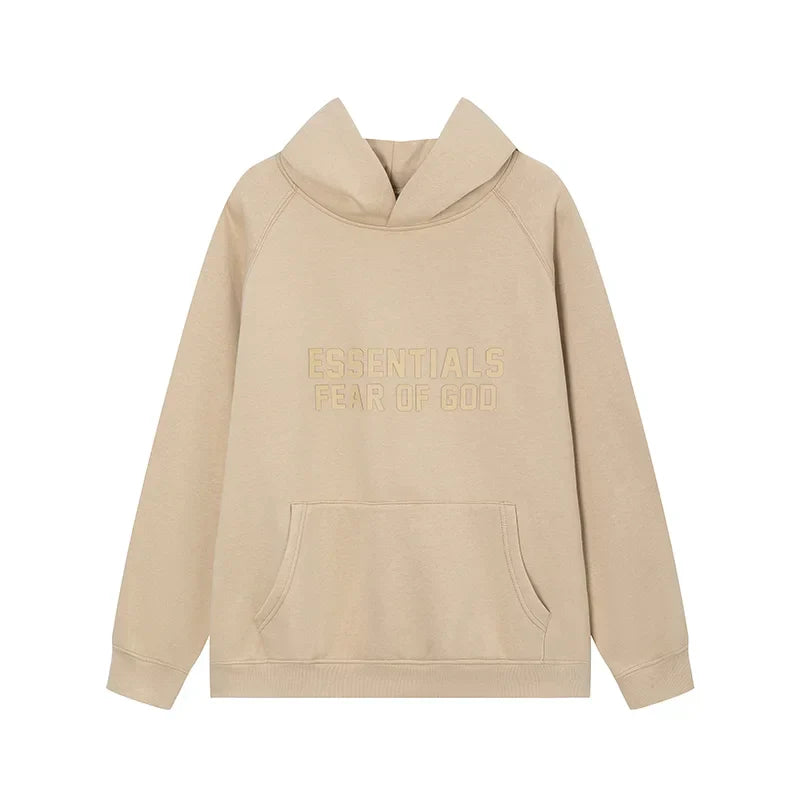 Calm shell Essentials hoodie center front rubberized black bar branding detail