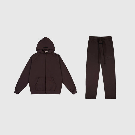 Fear of God Essentials congo brown tracksuit front view hoodie and joggers