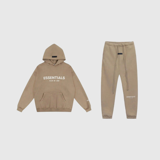Fear of God Essentials dark beige tracksuit front view hoodie and joggers