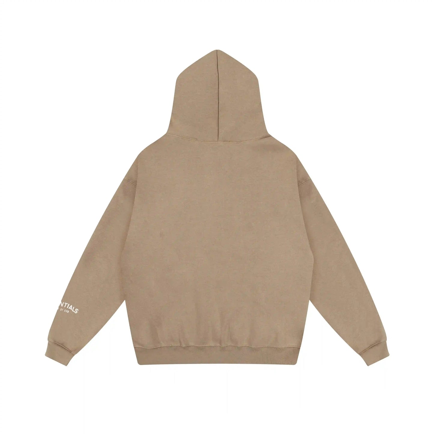 Dark beige Essentials hoodie rib-knit cuff and waist hem detail