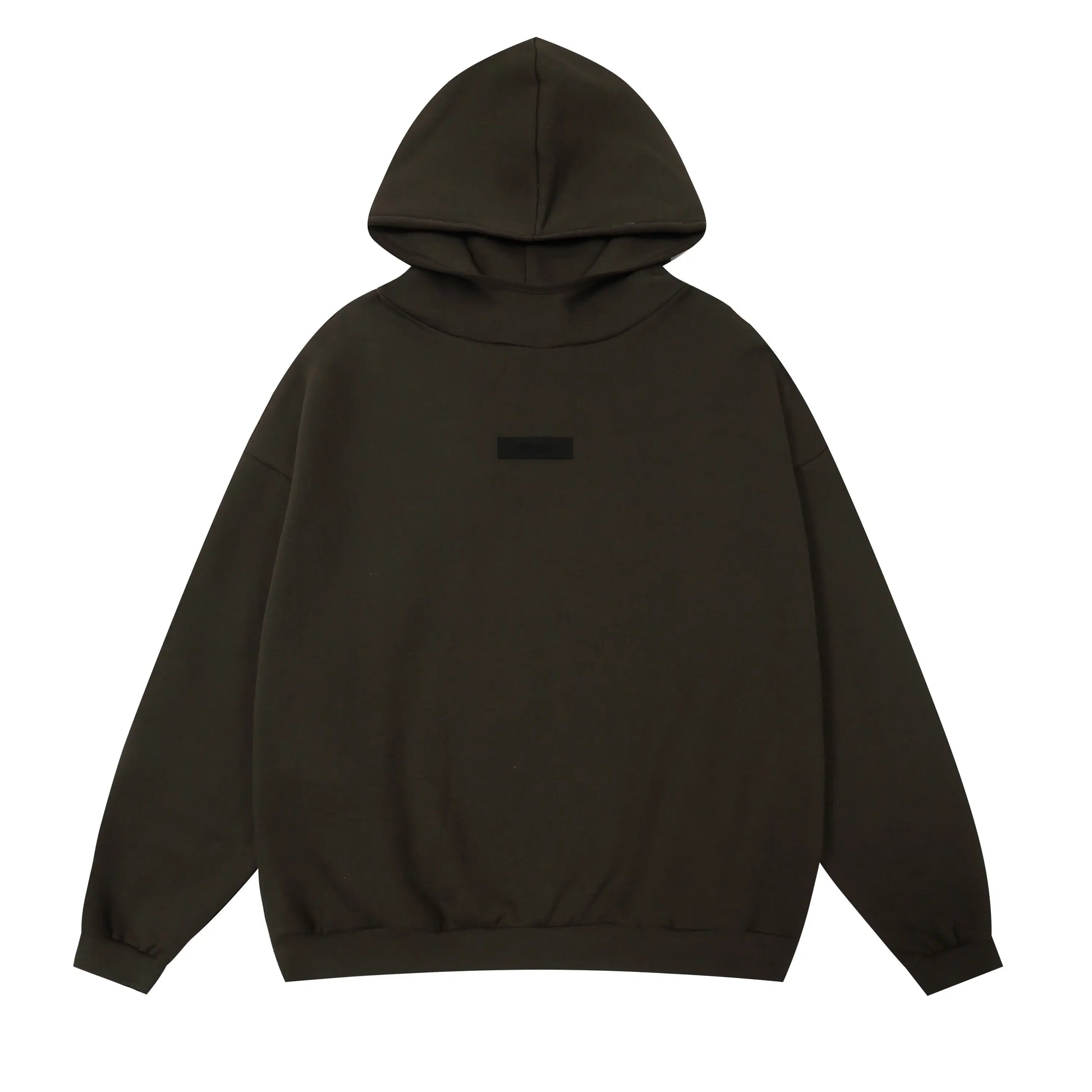 English walnut Essentials hoodie center front rubberized black bar branding detail