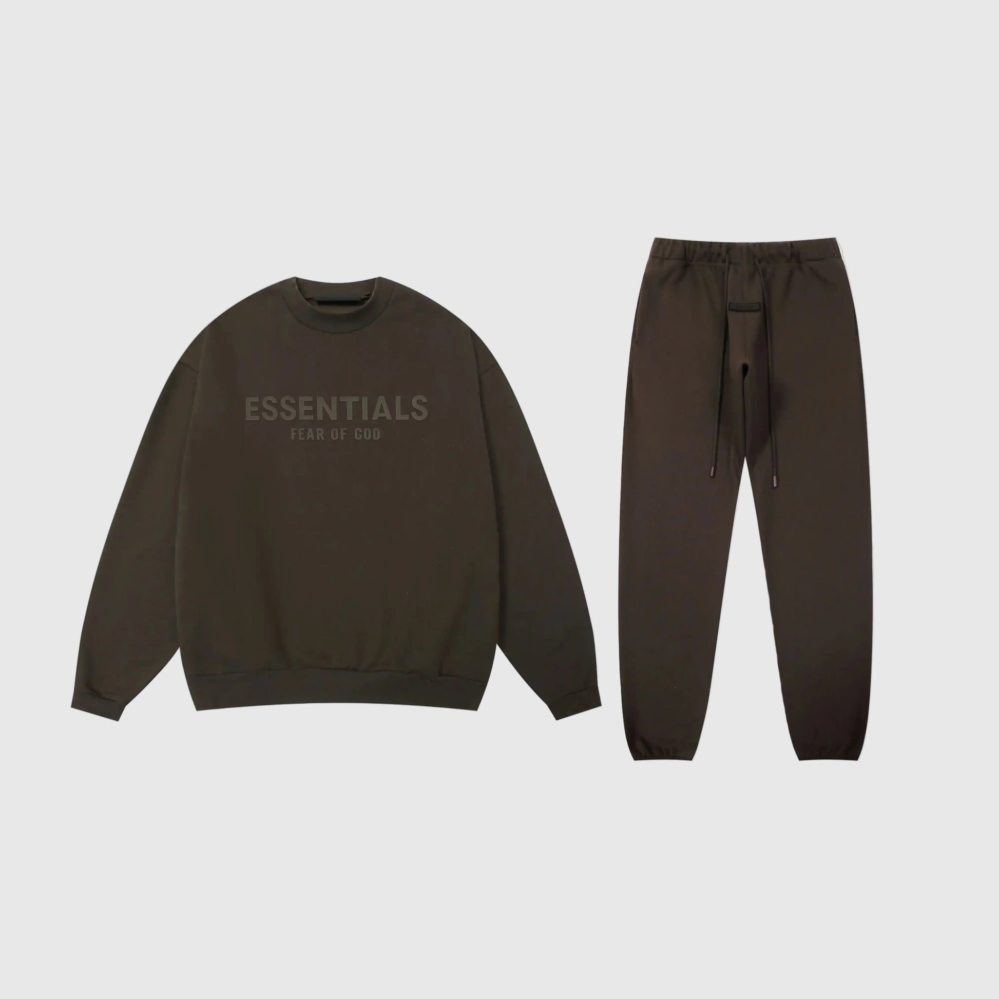 Fear of God Essentials english walnut tracksuit front view crewneck and joggers