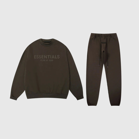 Fear of God Essentials english walnut tracksuit front view crewneck and joggers