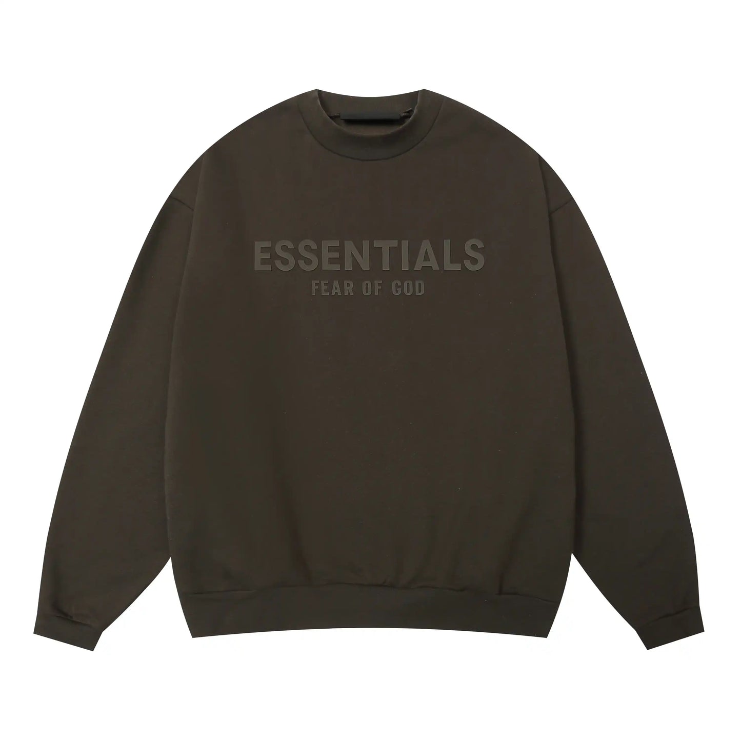 English walnut Essentials crewneck center front rubberized black bar branding detail
