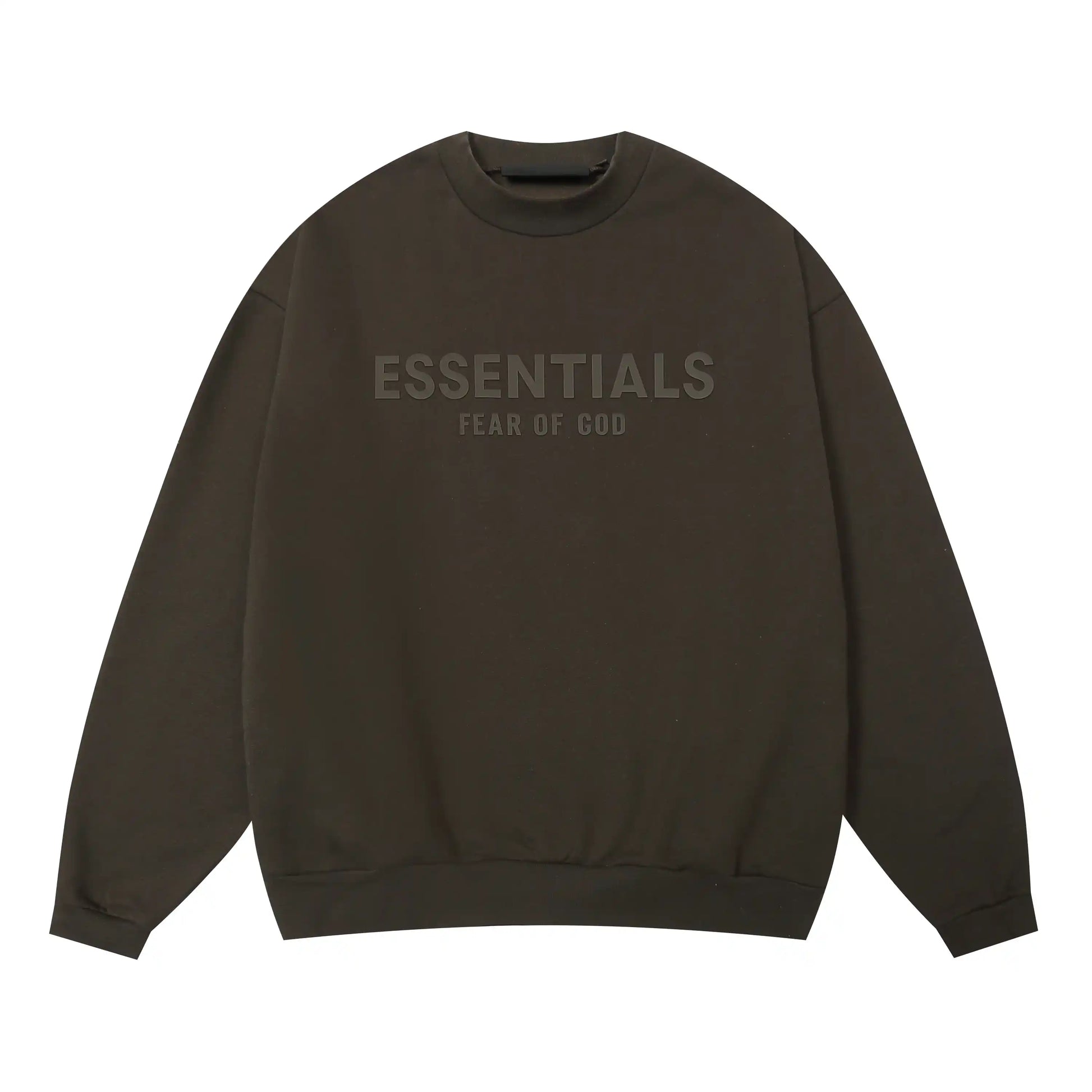 English walnut Essentials crewneck center front rubberized black bar branding detail