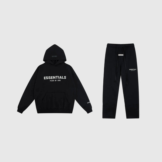 Fear of God Essentials black tracksuit set front view hoodie and joggers