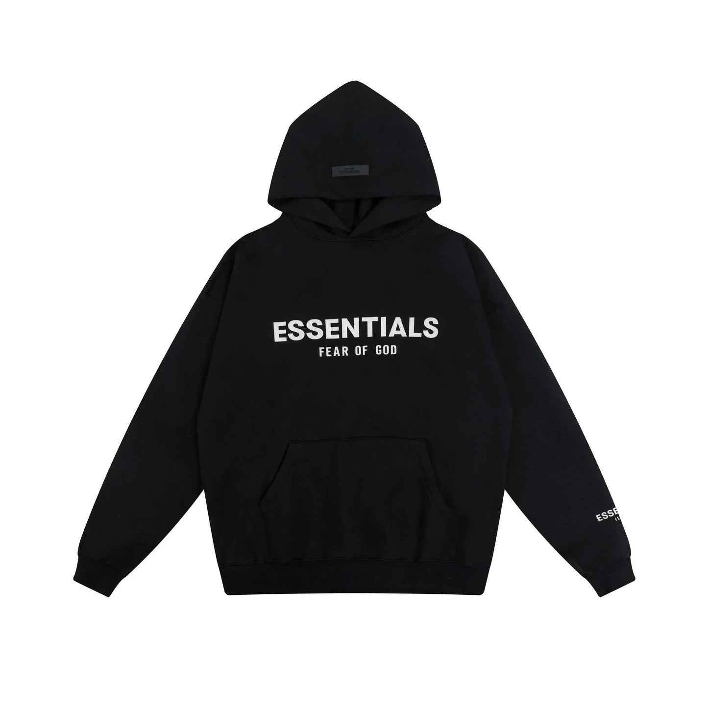 Black Essentials hoodie center front rubberized black bar branding detail