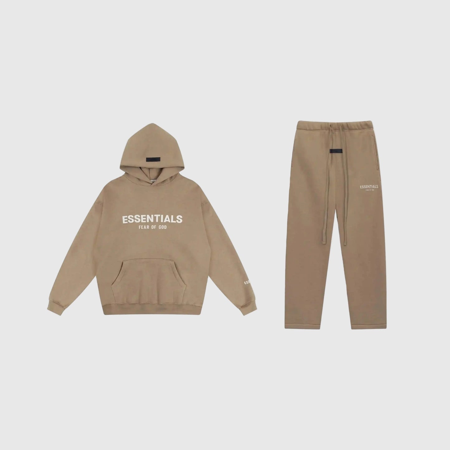 Fear of God Essentials dark beige tracksuit front view hoodie and joggers