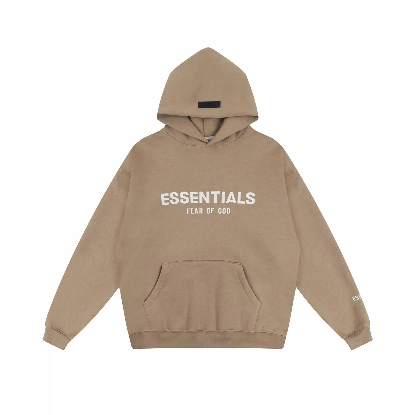 Dark beige Essentials hoodie center front rubberized black bar branding detail