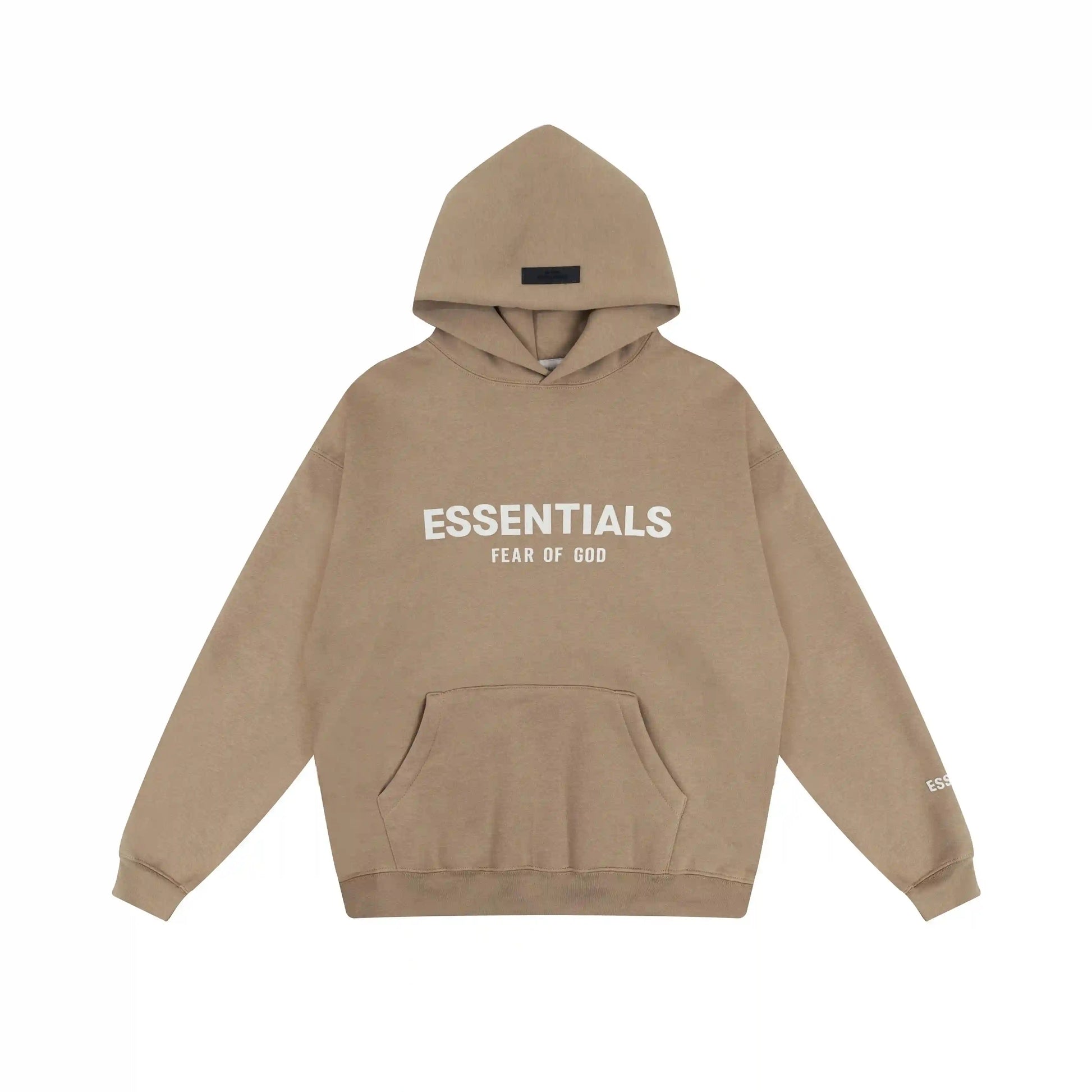 Dark beige Essentials hoodie center front rubberized black bar branding detail
