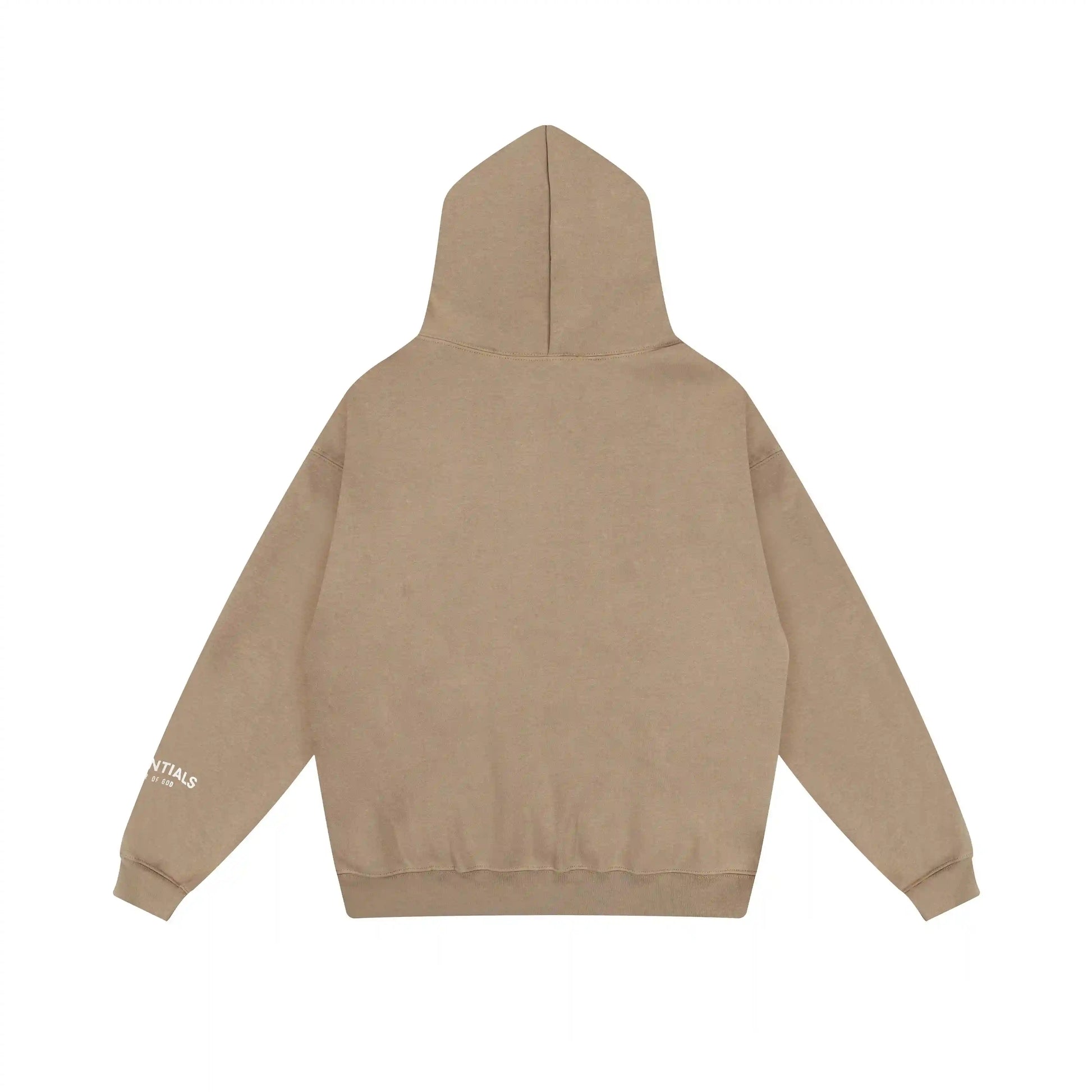 Dark beige Essentials hoodie rib-knit cuff and waist hem detail