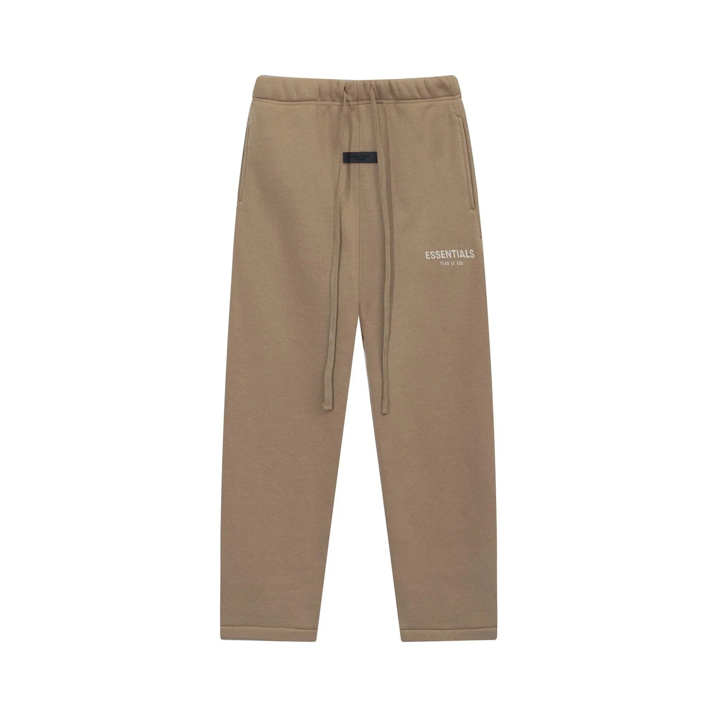 Dark beige Essentials joggers soft-touch rubberized logo on leg close-up