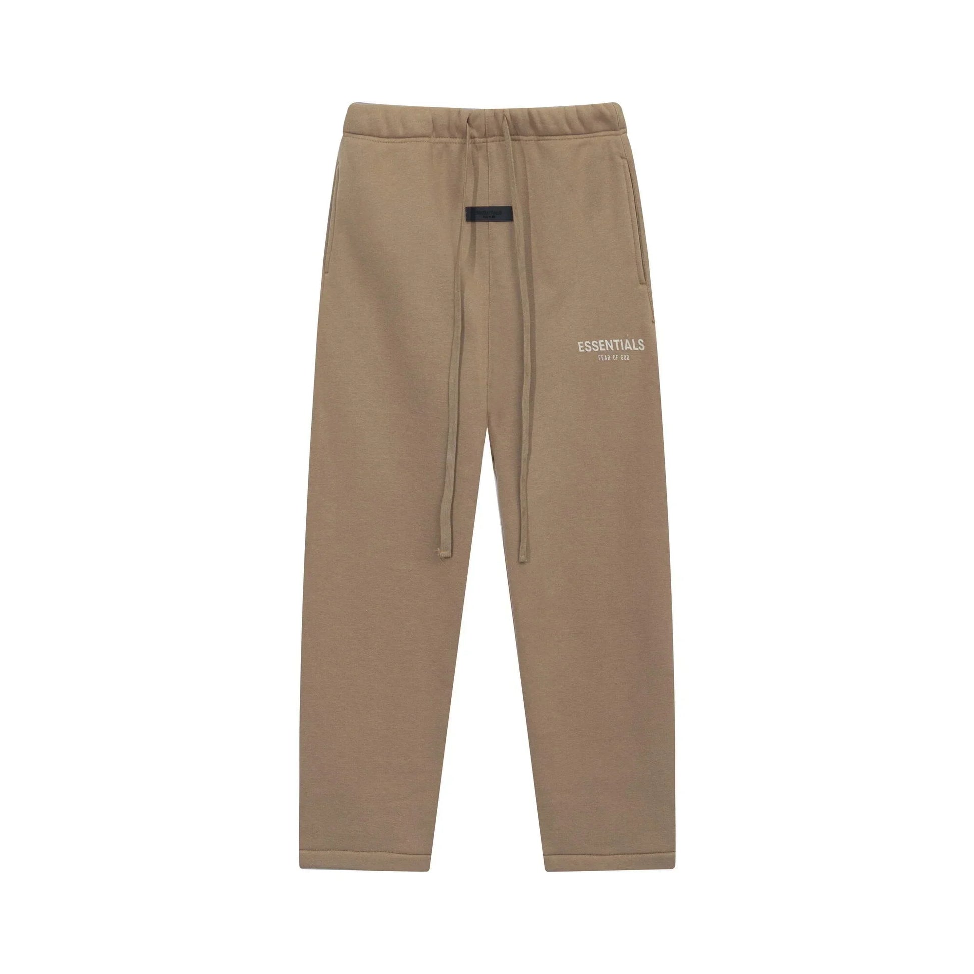 Dark beige Essentials joggers soft-touch rubberized logo on leg close-up