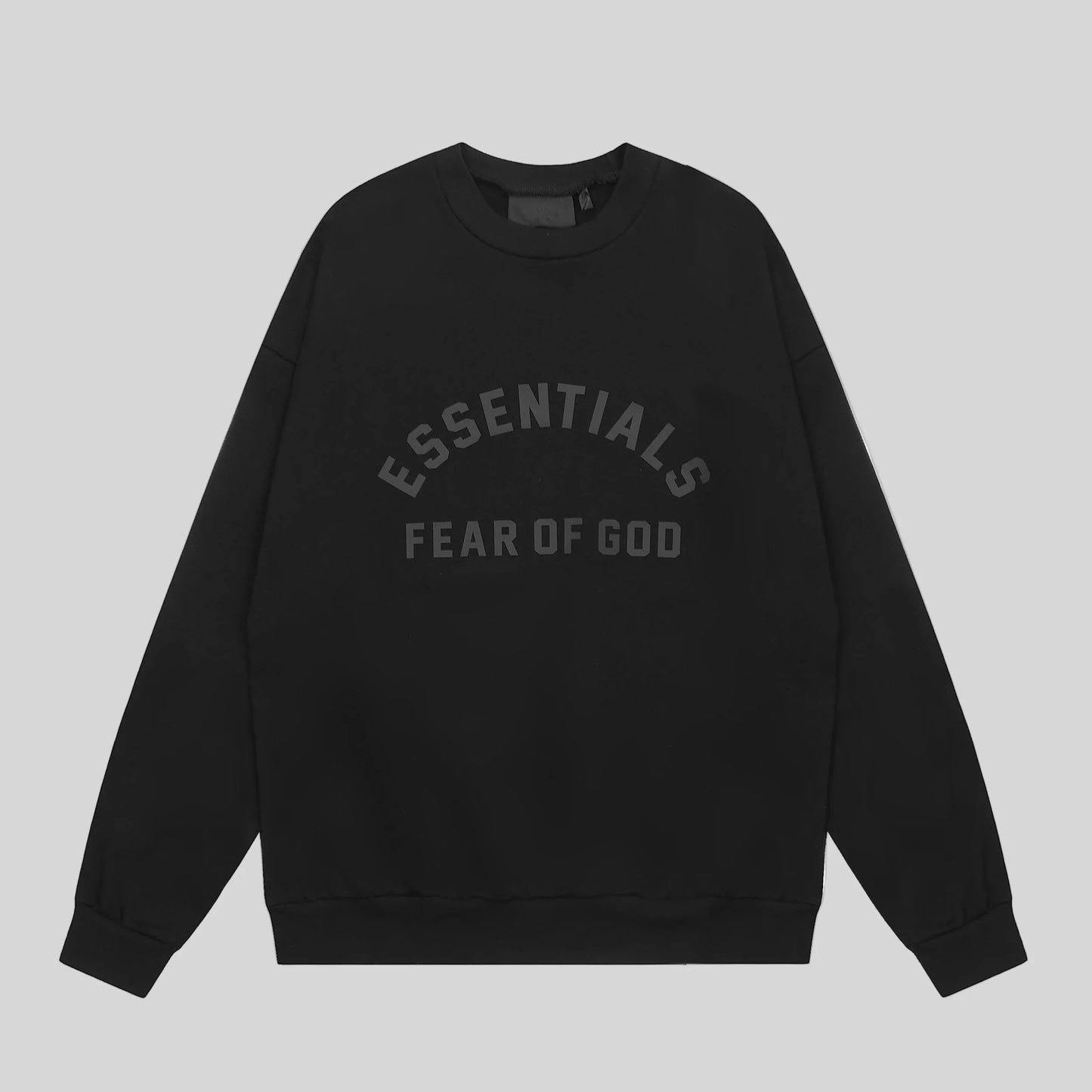 Fear of God Essentials black crewneck sweatshirt front view core fleece
