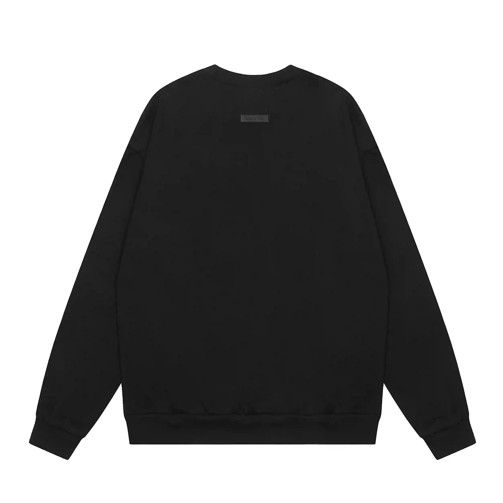 Essentials black sweatshirt back view beveled metallic logo branding