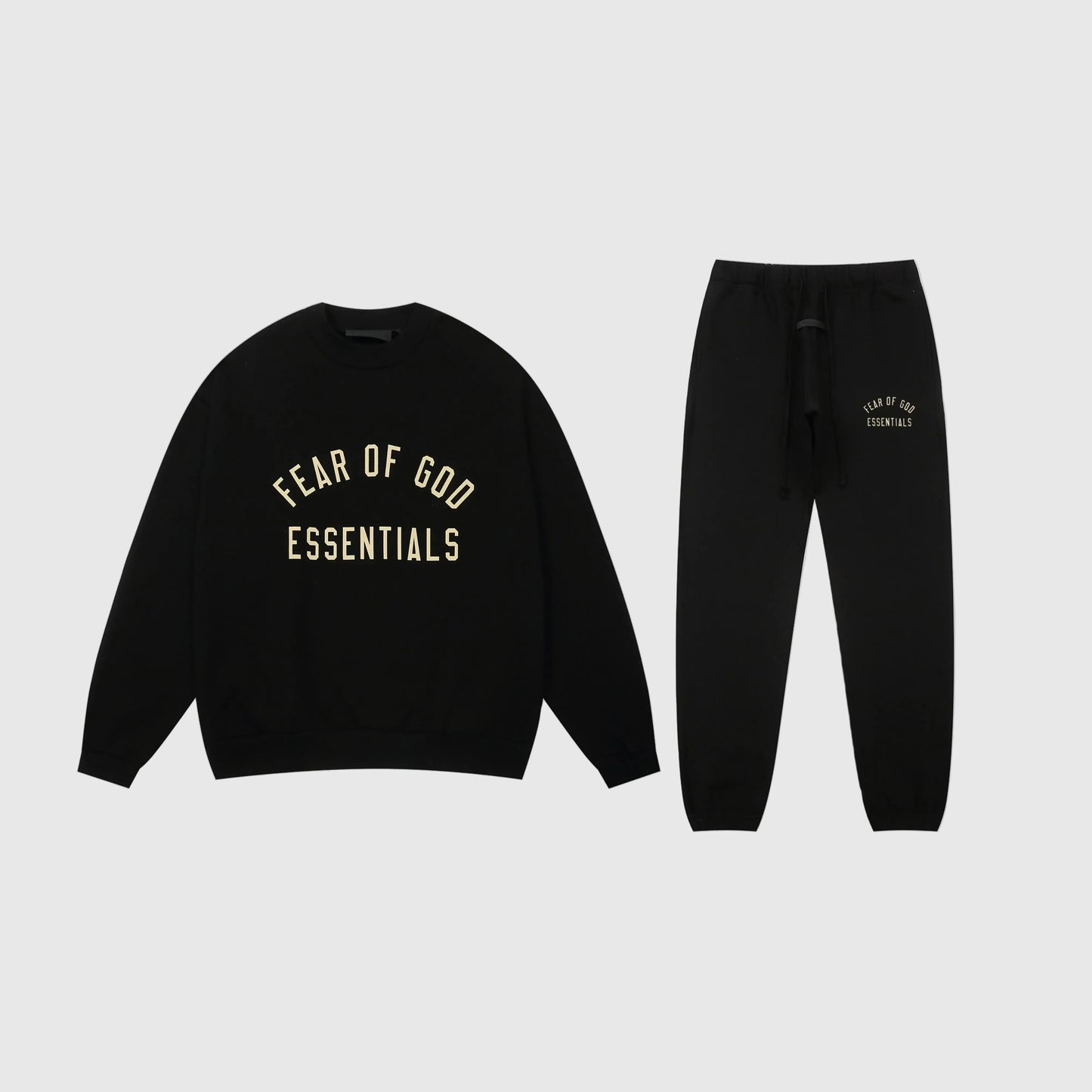 Fear of God Essentials black tracksuit set front view top and joggers