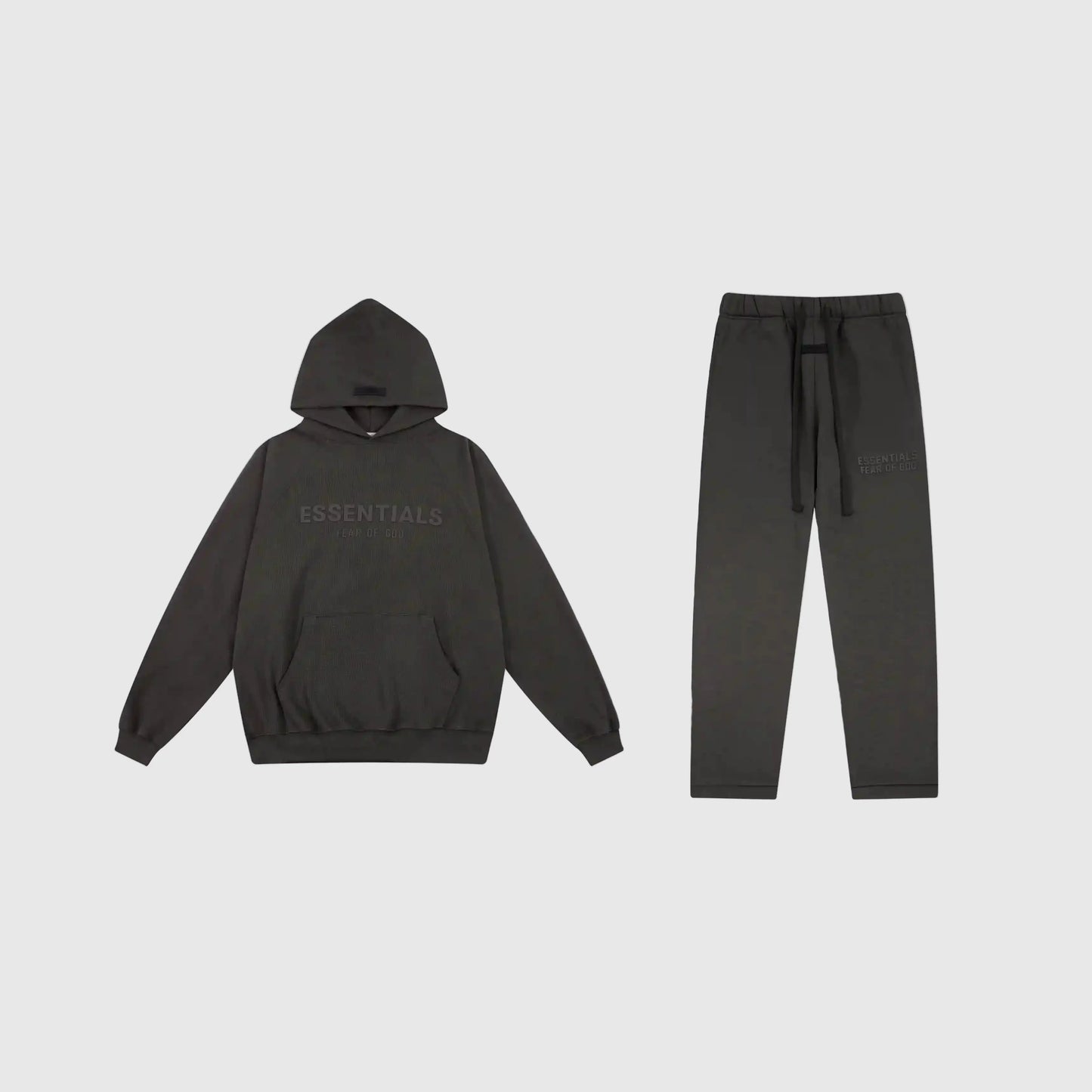 Fear of God Essentials black tracksuit set front view hoodie and joggers