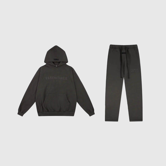 Fear of God Essentials black tracksuit set front view hoodie and joggers