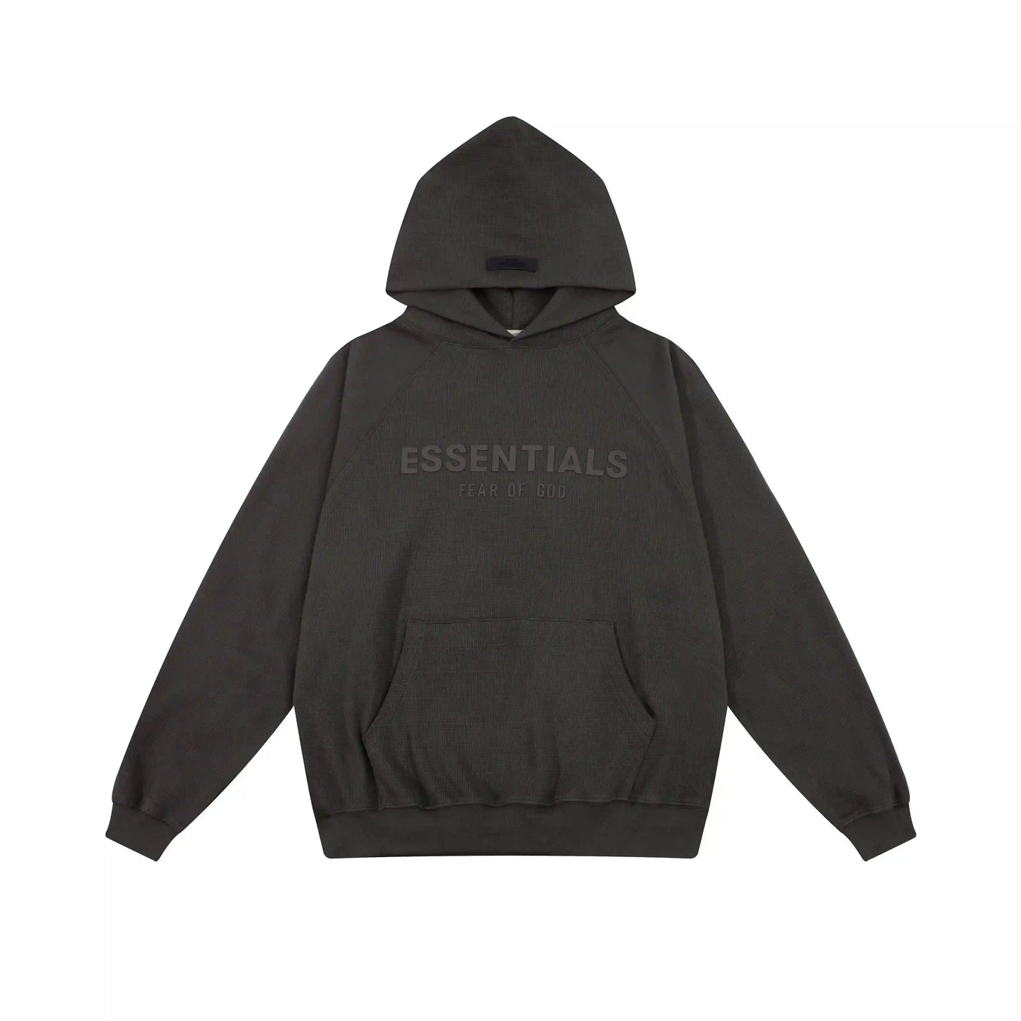 Black Essentials hoodie center front rubberized black bar branding detail
