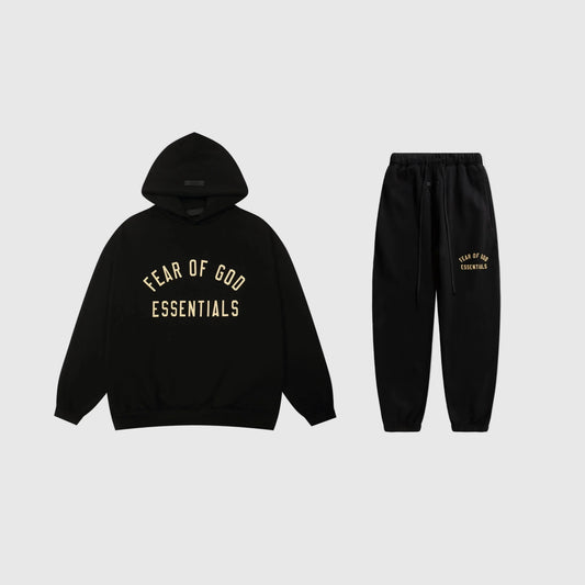 Fear of God Essentials black tracksuit set front view hoodie and joggers