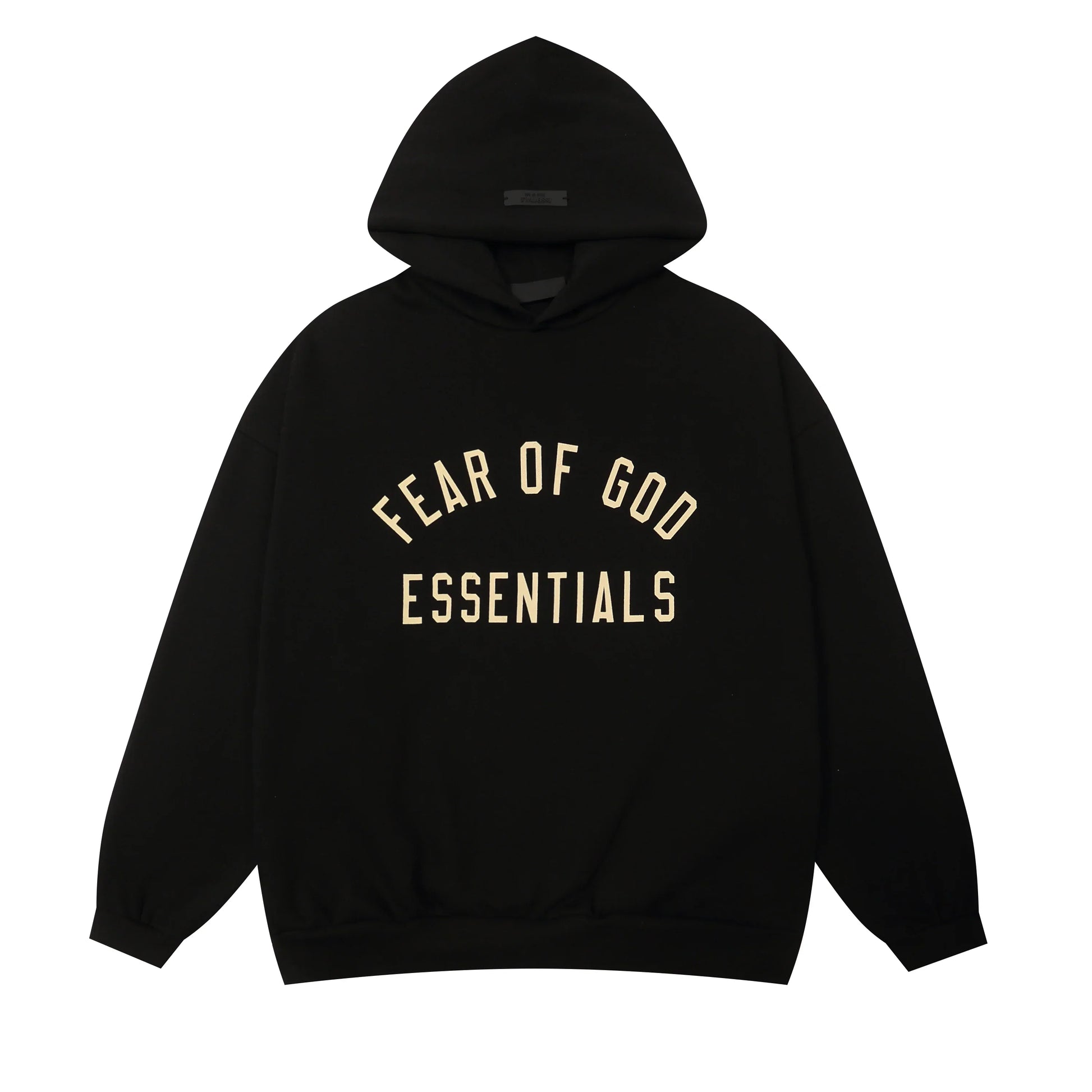 Black Essentials hoodie mock neckline and center front black bar branding detail