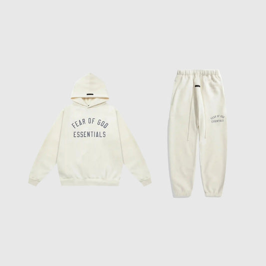 Fear of God Essentials cloud dance tracksuit front view hoodie and joggers