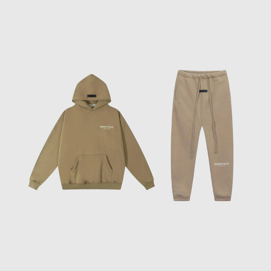 Fear of God Essentials dark beige tracksuit front view hoodie and joggers