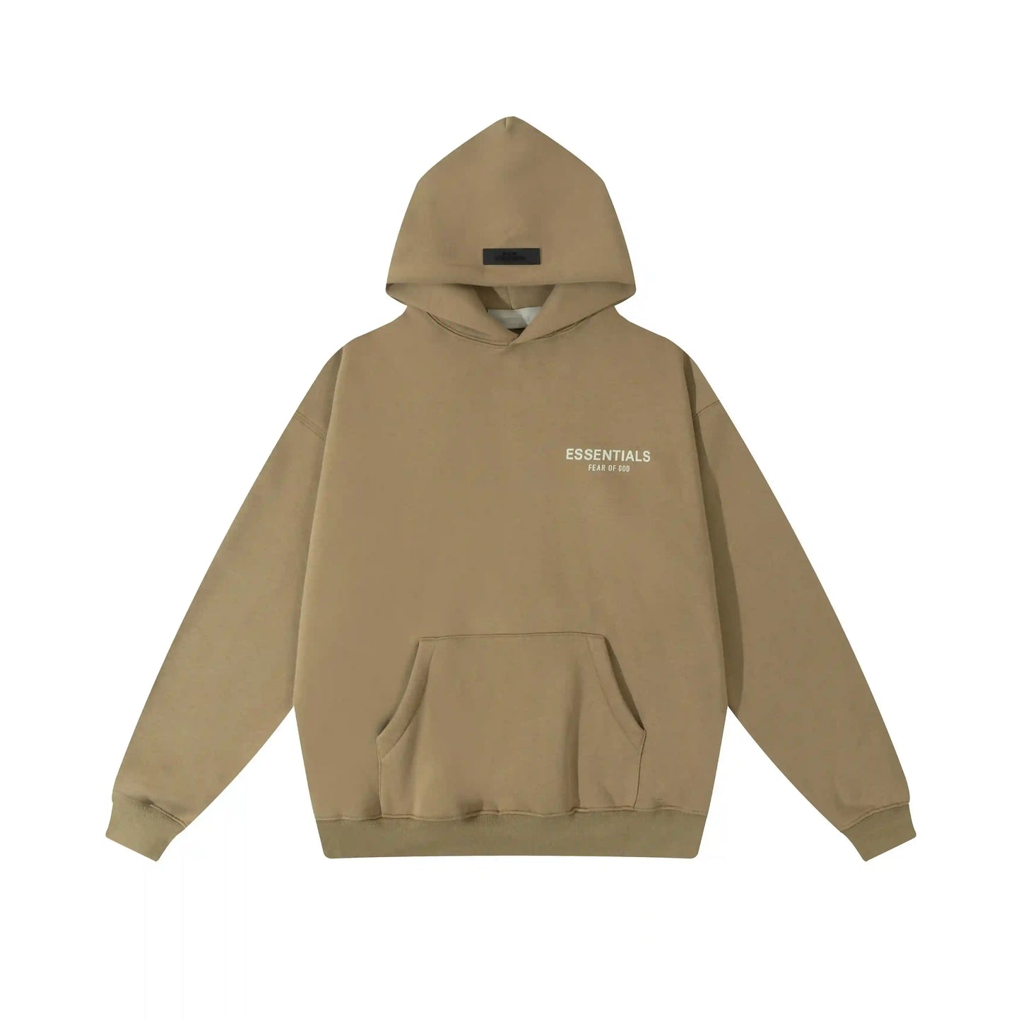 Dark beige Essentials hoodie center front rubberized black bar branding detail