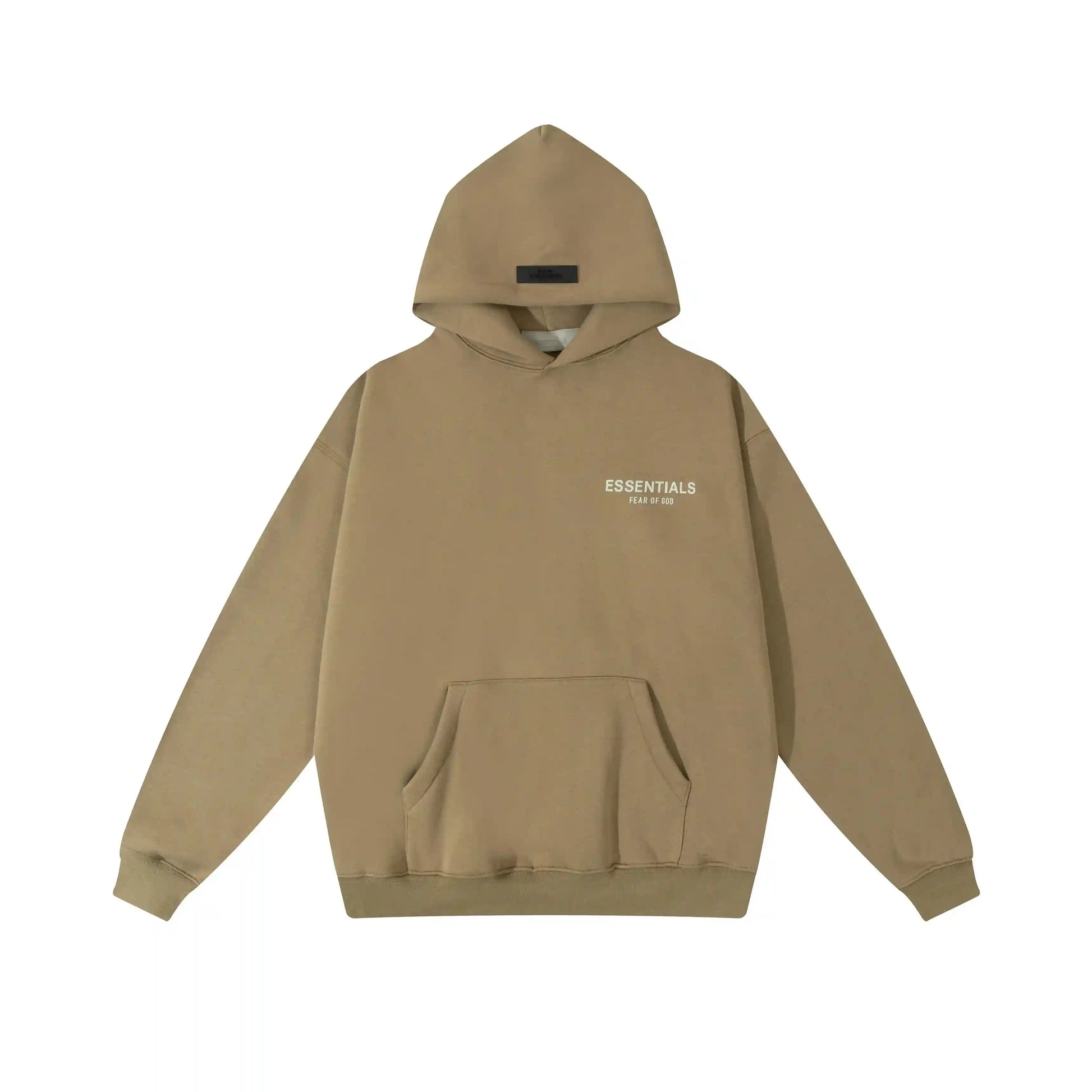 Dark beige Essentials hoodie center front rubberized black bar branding detail