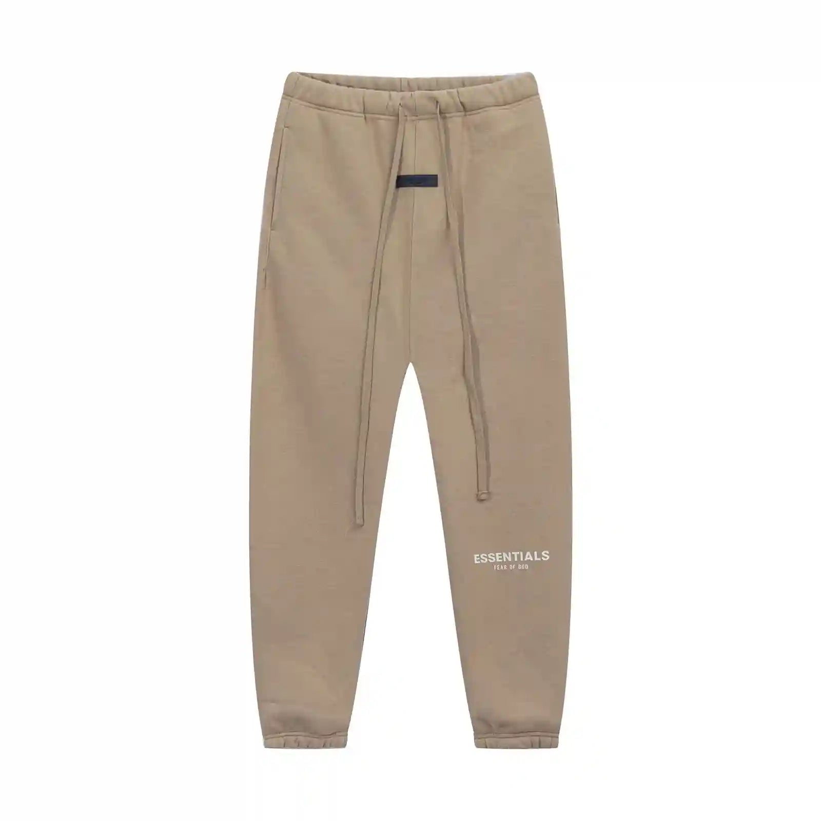 Dark beige Essentials joggers soft-touch rubberized logo on leg close-up